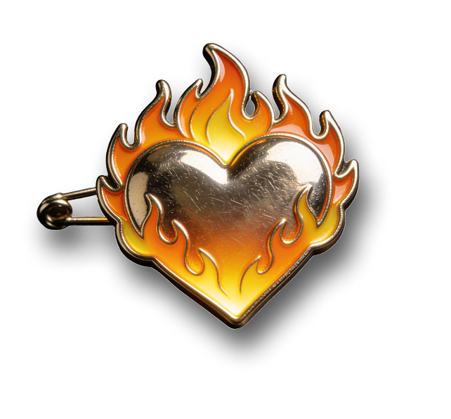 Pin metálico de corazón con llamas